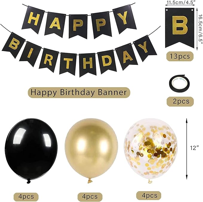 ZHENGYE Black Gold Party Decoration Happy Birthday Banner Sign Latex Confetti Balloons for Men Women Birthday Party Decoration Supplies