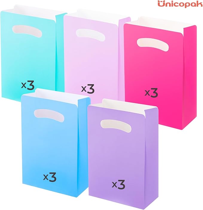 UnicoPak 15 Pack Pastel Party Favor Bags - 6x3x9" Matte Goodie Bags in 5 Assorted Colors for Birthday, Wedding, Baby Shower - Sturdy Teal Pink Purple Blue Gift Bags with Handles, Customizable for Treats & Cookies