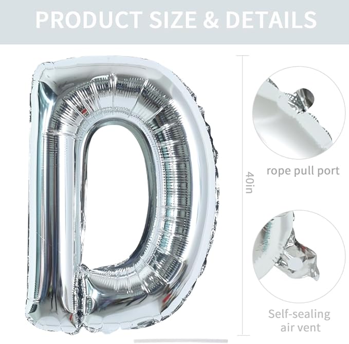 TONIFUL 40 Inch Large Silver Letter D Balloons, Foil Mylar Big Letter Balloons for 2026 New Year Eve Graduation Wedding Baby Shower Birthday Party Anniversary Supplies Decorations