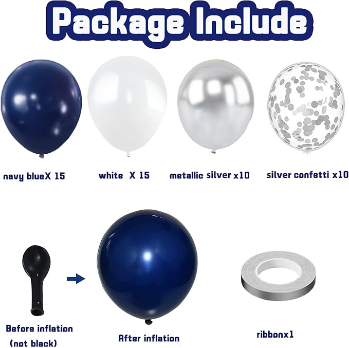 Navy Blue Silver Balloons Kit,50pcs 12inch Royal Dark Blue Metallic Silver White Balloon with Conffetti Latex Balloon for Wedding Graduation Birthday Anniversary Party Decorations