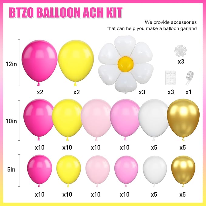 Yellow Pink Balloon Garland, Daisy Balloon Arch with Metallic Gold Party Flower Balloons For Birthday Baby Shower Wedding Groovy Theme Decorations
