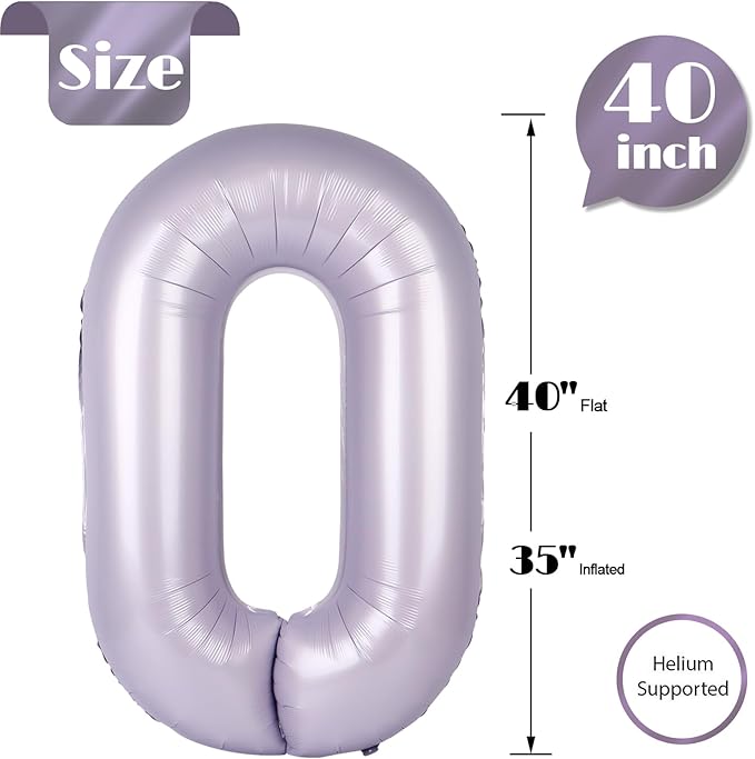 Lilac Number 0 Balloon 40 Inch, Lavender 0 Balloon Numberfor 10th 20th 30th 40th 50th 60th Birthday Decorations, Lilac Mauve Party Supplies for Men Women