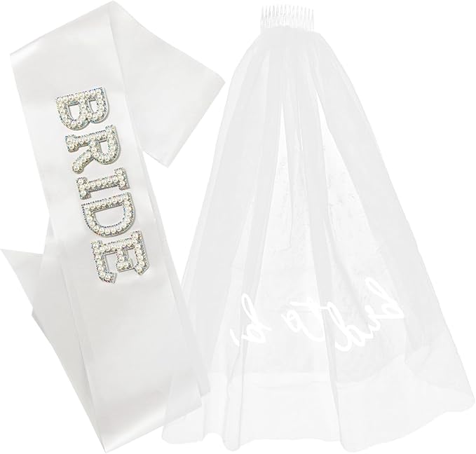 Daxolanz Bride To Be Sash and Veil White Set – Decorations, Favors, Bridal Shower Accessories, Engagement Party Supplies