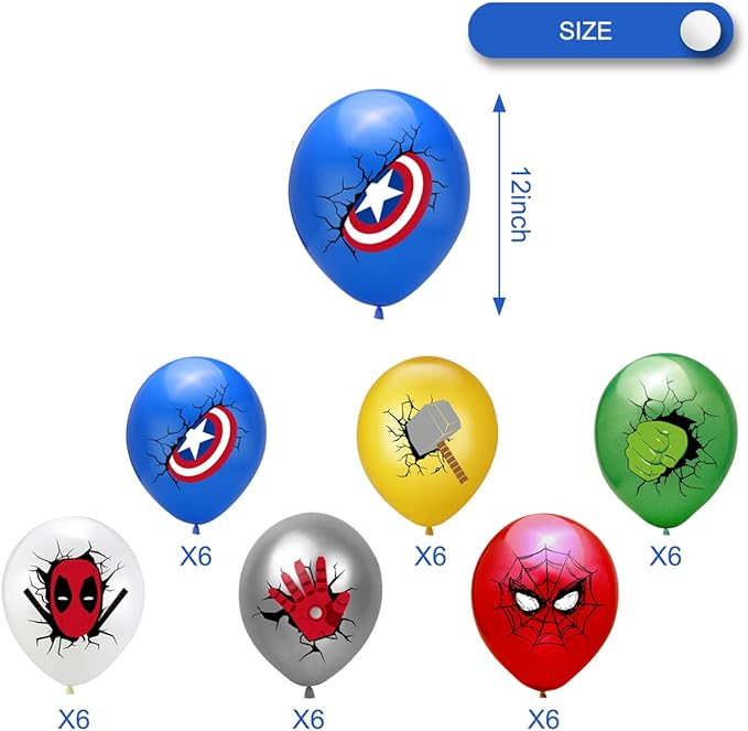 36Pcs Balloons for Super Heroes Birthday Party Supplies, Includes 6 Styles Printed Ideal for Super Cartoon Heroes Party Decorations Favors