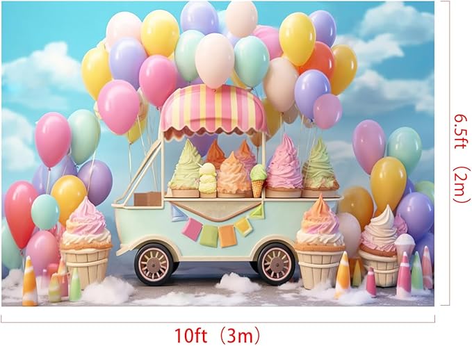Kate 10x6.5ftSummer Ice Cream Car Backdrop for Photography Colorful Balloons Cake Smash Blue Sky Birthday Party Background for Kids Photo Props