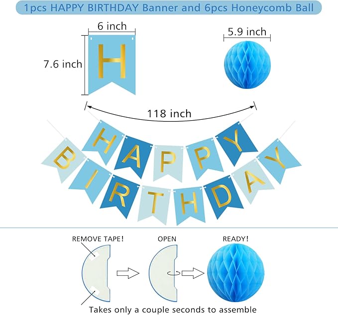 Blue Birthday Decorations with Happy Birthday Banner, Paper Honeycomb Balls, Circle Garland and Hanging Swirl Decorations, Birthday Party Decorations