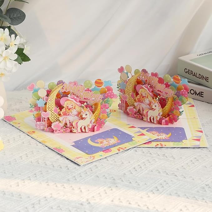 Pop Up Birthday Card for Girls and Women - 3D Unicorn and Princess on Moon Birthday Greeting Card, Laser Cut Handmade Gift Card for Daughter, Kids, Sister, Mom - Includes Envelope and Note Card