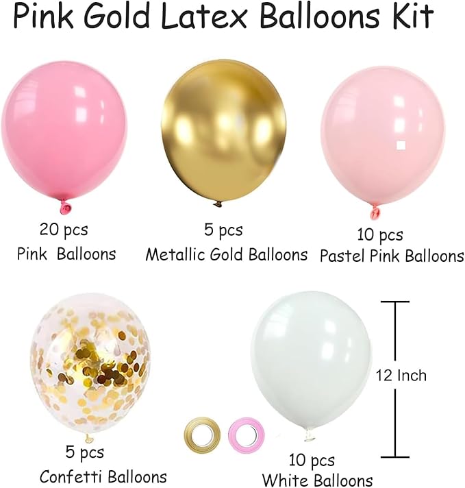 Pink and Gold Balloons Set, 50pcs 12 inch Pink White Gold Latex Balloons for Girl Birthday Wedding Bridal Shower Graduation Party Decoration
