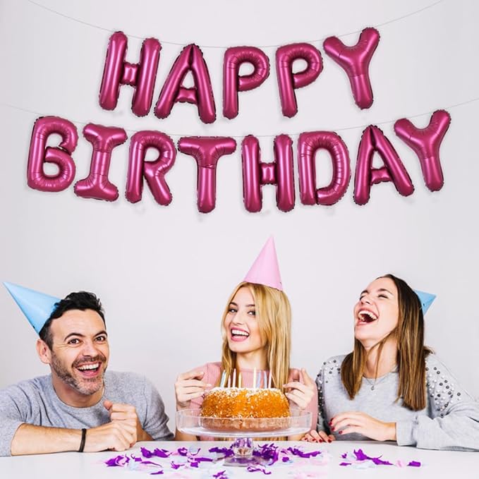 TONIFUL Happy Birthday Balloons Banner with Ribbon Straw,16 Inch Mylar Letters Birthday Sign Banner Balloon Bunting Reusable for Kids & Adults Construction Birthday Party Supplies（Wine Red）