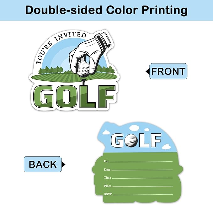 REWIDPARTY Golf Party Invitations with Envelopes & Stickers - Set of 15 Golf Game Shaped Fill-in Invitations for Birthday or Retirement Parties for Teens & Adults