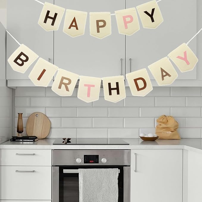 Felt Happy Birthday Banner, Pre-strung Boho Colorful Happy Birthday Party Sign Garland, Neutral Beige Bohemian Birthday Nursery Decorations