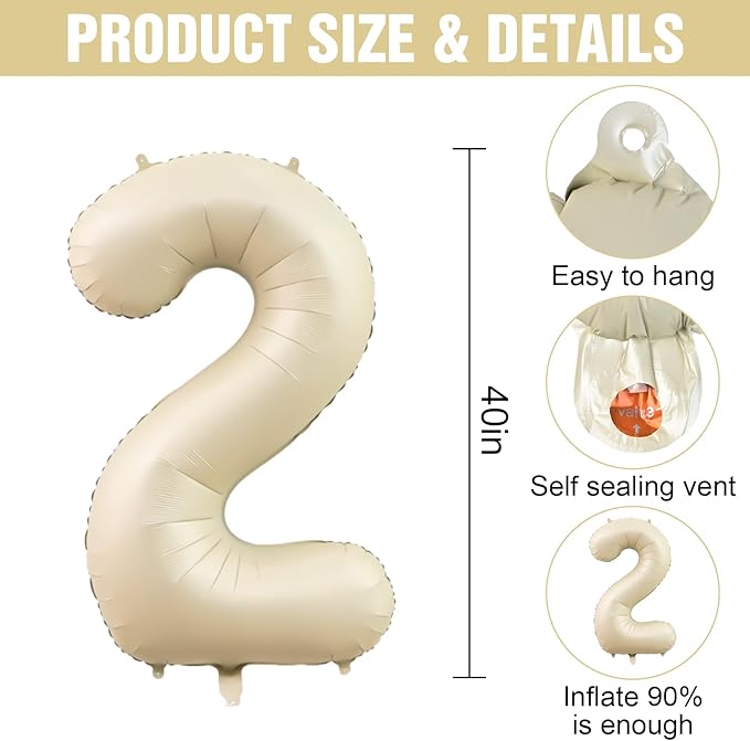 Number 2 Balloon Beige,40 Inch Large Cream Foil 2 Helium Balloons for Boys Girls Birthday Anniversary Decorations