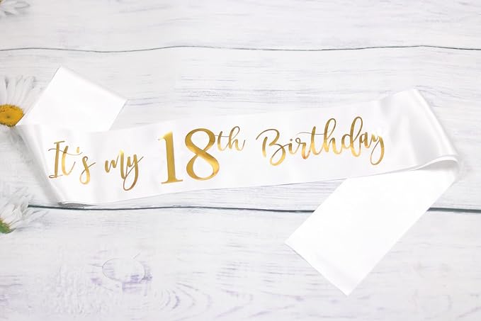It's My 18th Birthday Sash White with Rose Gold Foil Lettering for Girls.