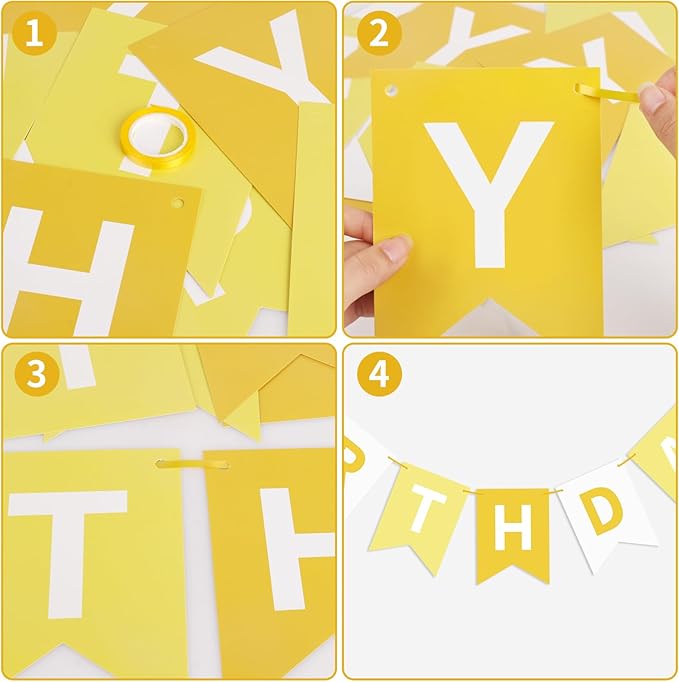 Hooqict Happy Birthday Banner Yellow Birthday Decorations for Kids Girls Women Birthday Tea Party Decorations Yellow Party Banner Garland Sign Bunting Flag Wall Porch Door Hanging Decor