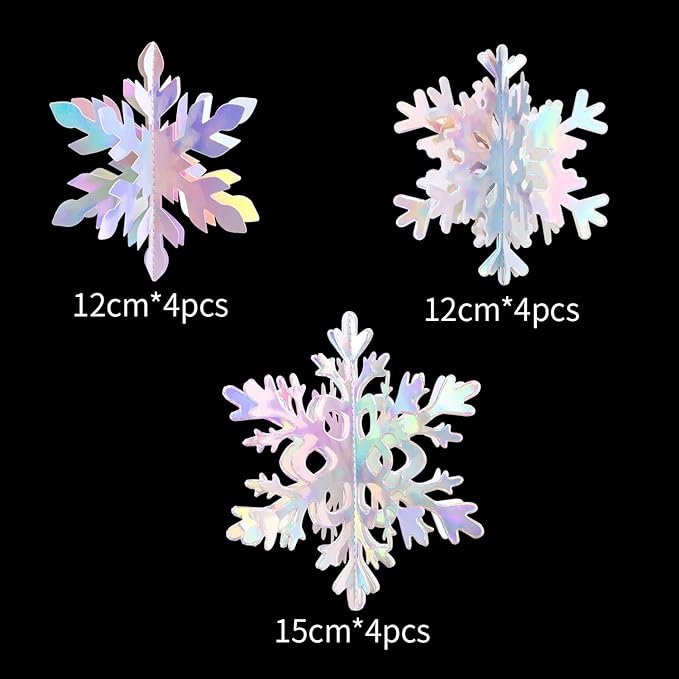 Iridescent-Holographic Snowflake-Snow Christmas Party-Decorations Garland - 12Pcs 3D Winter Wonderland Frozen Hanging Streamers Banner,Disco Birthday Baby Bridal Shower Wedding Decor Supplies Hugtmr