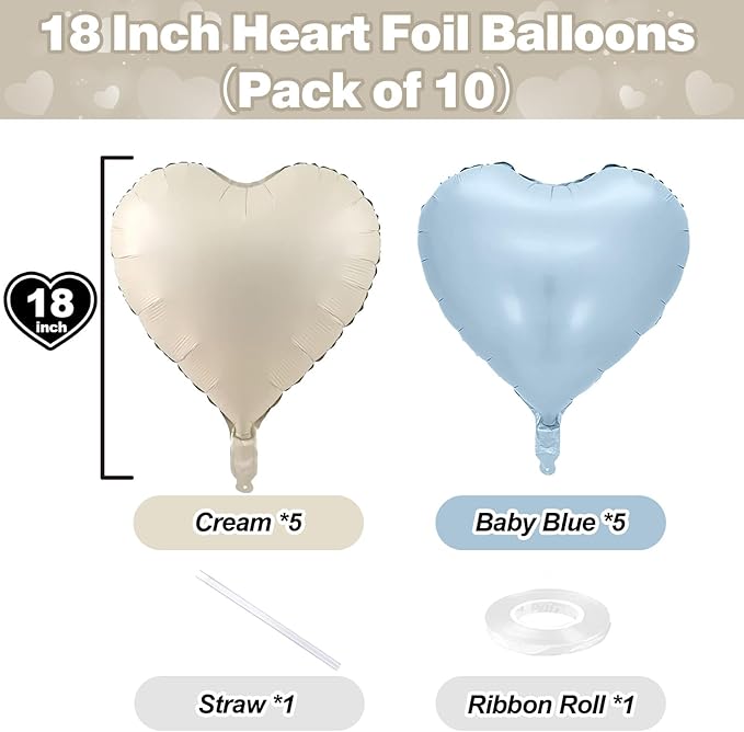 Blue White Heart Balloons, 18 Inch Baby Blue Cream Foil Heart Balloons, 10PCS Light Blue Nude Heart Shape Balloons Blue Helium Balloons for Boys Men Birthday Baby Shower Valentines Graduation