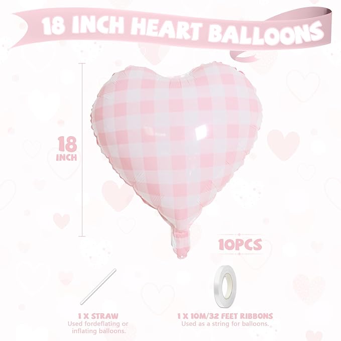 Pink White Checkered Heart Balloons, 10 Pcs Light Pink Grid Heart Shape Balloon, 18 Inch Lattice Foil Valentines Balloons for Kids Girls Birthday Wedding Valentines Bridal Baby Shower Party Decoration