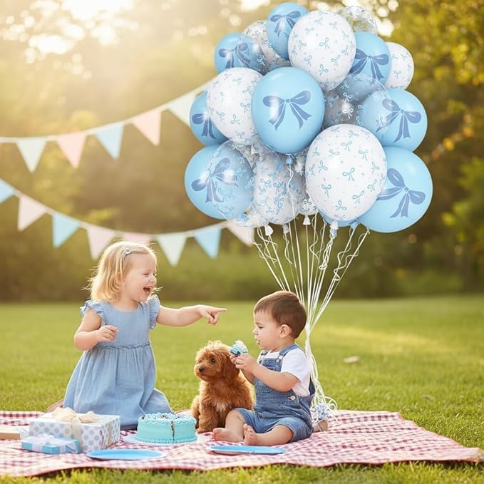 Blue and White Balloons Set, 12 Inch Light Baby Blue White Clear Bow Latex Balloon for Wedding Bridal Engagement Bachelorette Baby Boy Shower Winter Princess Birthday Theme Party Decorations Supplies