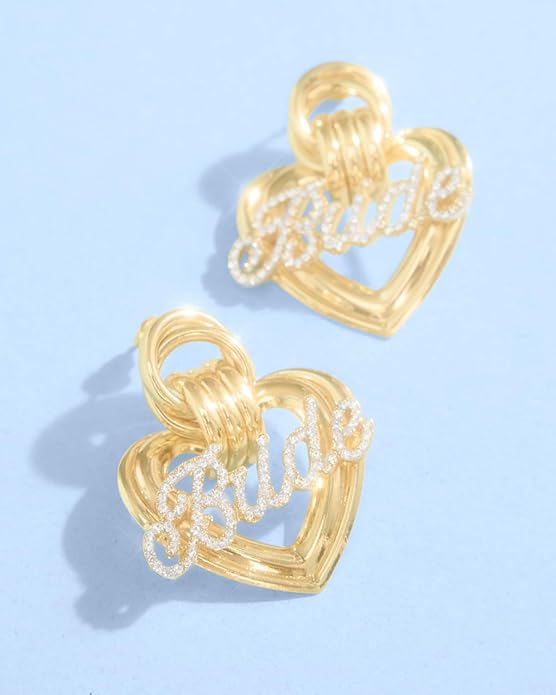xo, Fetti Gold + Rhinestone Bride Heart Earrings | Bachelorette Party Jewelry, Bridal Accessory, Rehearsal Dinner Outfit, Bridesmaid Gift, Oversized Look