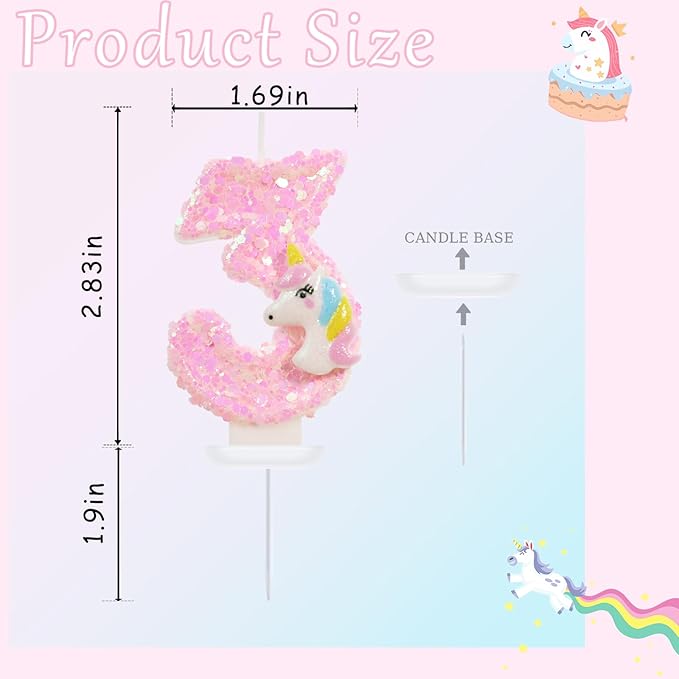 Birthday Candles - Number 3 Candle, 3rd Birthday Decorations for Girls, Pink Candles for Cake Topper, Cartoon Theme Party Supplies