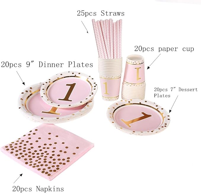 MaitianGuyou 100 Pcs 1st Party Supplies Kit, Birthday Party Plates Set - 9 & 7 Inch Paper Plates & Cups Straws for Parties, Holiday, Christmas, Baby Shower Decorations
