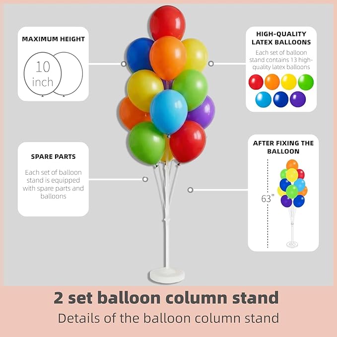 Balloon Column Kit Set of 2 With Assorted Rainbow Balloons Included - Balloon Tower with Stand, Base, and Pole,Backdrop Decoration for Wedding, Baby Shower, Birthday Party, or Bachelorette Parties