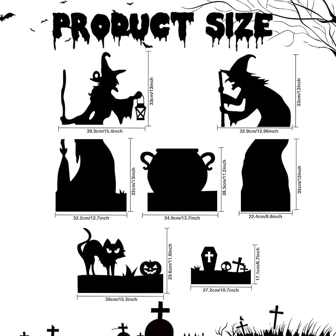 Large Halloween Witch Silhouette Decorations Outdoor, Witch Cutout Black Cat and Cauldron Set for Yard, Halloween Decor Outdoor, Scary Lawn and Party Decor, Waterproof & Easy to Install
