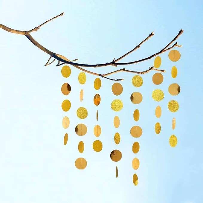 Gold Circle Dots Garlands Decorations, 52 Feet, Glitter Garland Hanging Banner for Christmas Party, Anniversaries, Wedding, Birthday Parties, Graduations Parties, Baby Shower(Gold)