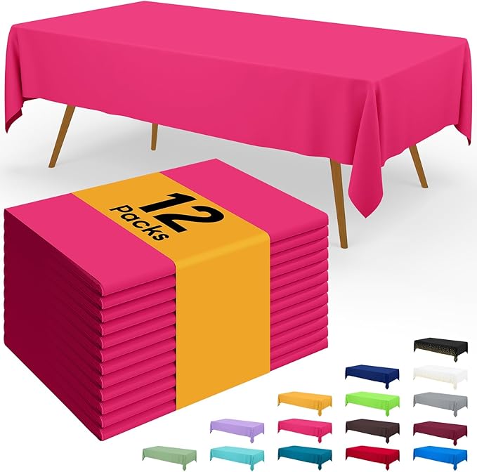 Smiry Disposable Table Cloth - 12 Pack, 54 x 108 Inch Waterproof Rectangle Tablecloths for Parties, Decorative Plastic Table Cover, Leakproof & Sturdy, Hot Pink