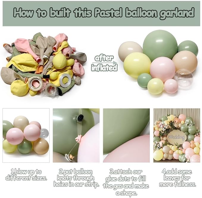 Pink Green Yellow Balloon Arch Kit, Double Stuffed Sage Green Pastel Pink Yellow White Sand Balloon Garland Beige Cream Balloons for Baby Shower Birthday Wedding Easter Fairy Flower Tea Party Decor