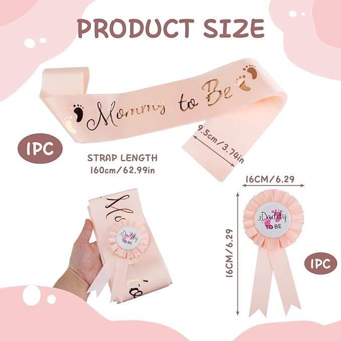 2 Pcs Baby Shower Decorations, Mommy to Be Sash and Daddy to Be Badge Set, It's a Themed Party Supplies for Baby Shower and Gender Reveal Decoracion (Champagne 2 Pcs)