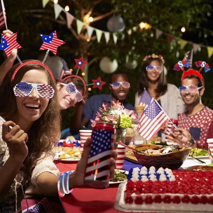 WODMAZ 106 Pcs Patriotic Party Favors, Fourth of July Accessories of Headbands Star Bead Necklaces Glasses Tattoo Stickers for 4th of July Independence Day Memorial Day