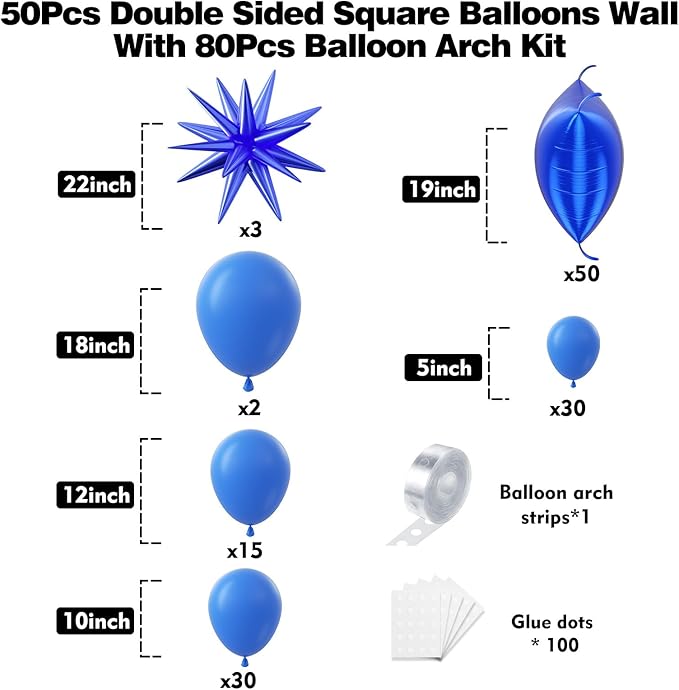 50pcs Navy Blue Foil Balloons Wall Backdrop with 80pcs Dark Blue Balloon Garland Arch Kit, Double Sided Balloon Tunnel for Anniversary New Year Birthday Graduation Ribbon Party Decorations