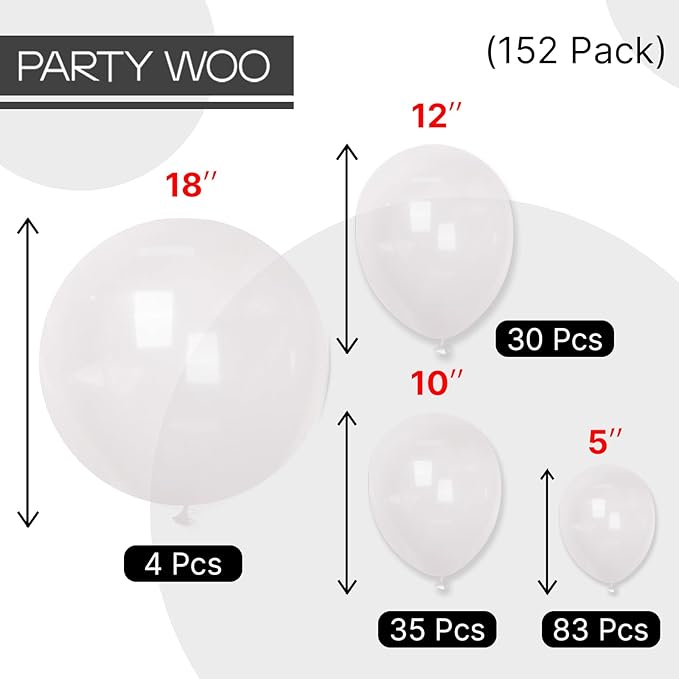 PartyWoo Clear Balloons 152pcs Different Sizes of 18 12 10 5 Inch Transparent Balloon Arch Kit for Graduation Wedding Baby Shower Bridal Shower Anniversary Birthday Party Decorations Clear-Y2