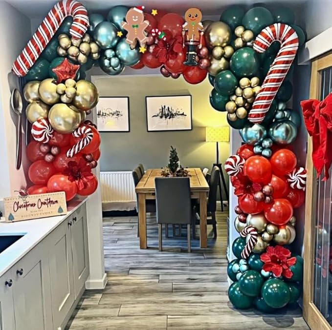 Christmas Balloon Garland Arch Kit, Christmas Red White Green Balloons with Santa Claus Gingerbread Lollipop Cane Windmill Star Foil Balloons, Metalic Gold Balloon for Xmas Party Decorations