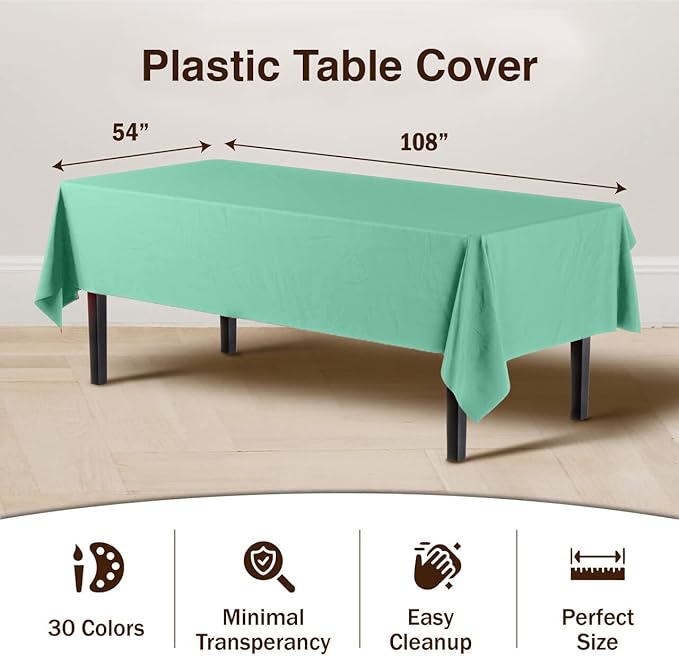 Exquisite Party Solids 6-Pack Premium Plastic Tablecloth 54in. x 108in. Rectangle Plastic Table Cover - Mint
