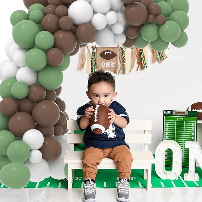 Football Balloon Garland Arch Kit, 122 PCS Sage Green Coffee Brown White Balloons, Football Birthday, Rugby, Sport Party Decorations