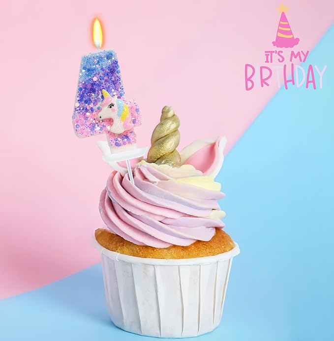 Unicorn Candle - Number 4 Candle, 4th Birthday Decorations for Girls, Colorful Sequins Birthday Candles for Cake, Cartoon Unicorn Theme Party Decorations