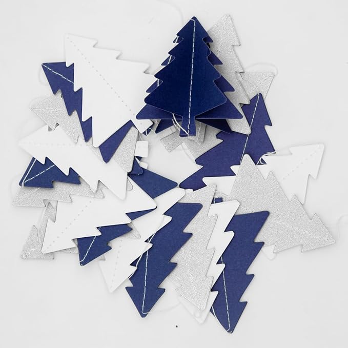 Navy-Blue White Silver Christmas Decorations - 2Pcs 3D Christmas Tree Paper Streamers Party Banner Garland Hanging Decor HongTongTong