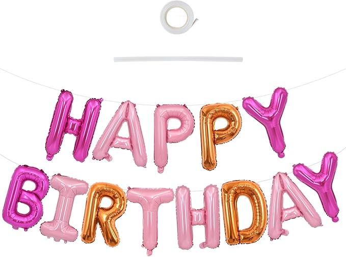 TONIFUL Happy Birthday Balloons Banner 16 Inch Mylar Foil Letters Birthday Sign Reusable for Girls Boys Kids & Adults Birthday Party Decorations Supplies（Hot Light Pink Orange）