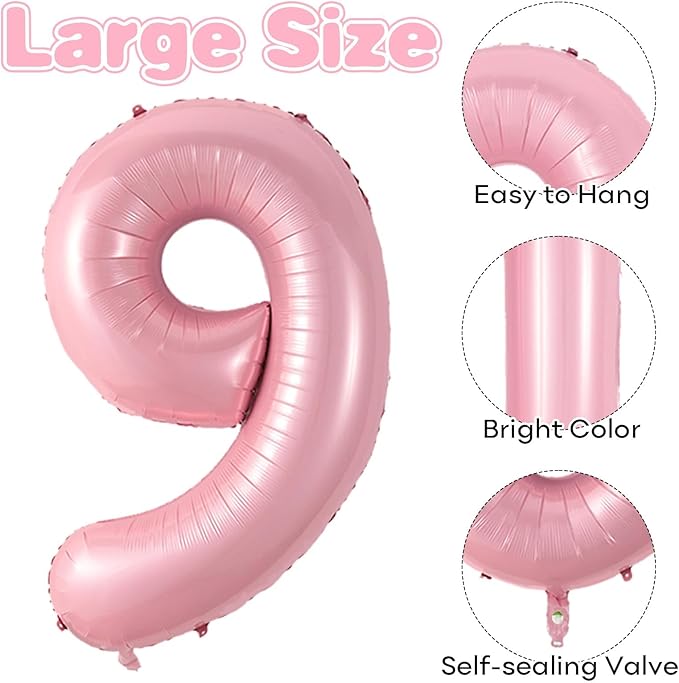 Pastel Pink Number 9 Balloon, 40 Inch Pearl Light Pink 9 Balloon Number for Girls, Foil Digital 9 Balloon Helium, Large Pink 9th Birthday Balloons for Girls Baby Shower Princess Party Decorations