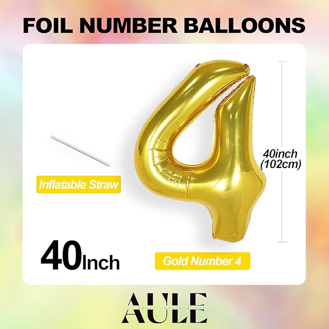AULE 40 Inch Big Gold 4 Balloon Number Large Foil Helium Number Balloons 0-9 Jumbo Giant Happy 4th Birthday Party Decorations for Boy or Girl Huge Mylar Anniversary Party Supplies