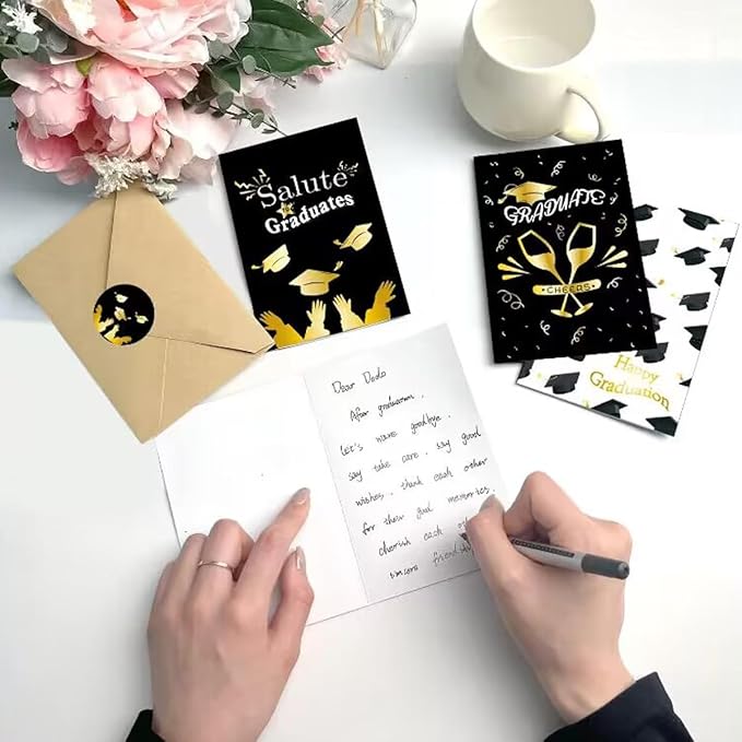 6 Pack Gold Foiled 5x7in 2025 Graduation Cards 2025 with Envelopes and Stickers,6 Elegant Designs Graduation Card Pack