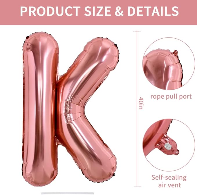 TONIFUL 40 Inch Large Rose Gold Letter K Balloons Giant Alphabet Letter Balloons,Foil Mylar Big Balloons for Birthday Party Anniversary Supplies Decorations