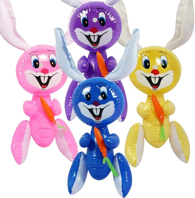 ArtCreativity 23" Inflatable Easter Bunny with Carrot Inflates, Set of 4 Blow Up Bunny, Egg Hunt Supplies for Easter Basket Stuffers, Indoor and Outdoor Decoration, Party Favors, 4 Assorted Colors