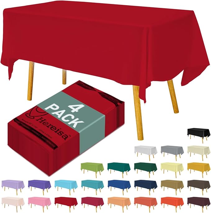 Disposable Plastic Tablecloth 54x108 Inch Rectangle - Red, 4 Pack Waterproof & Tear-Resistant Party Table Cover for Dining, Picnic, Crafts, Holiday Decor