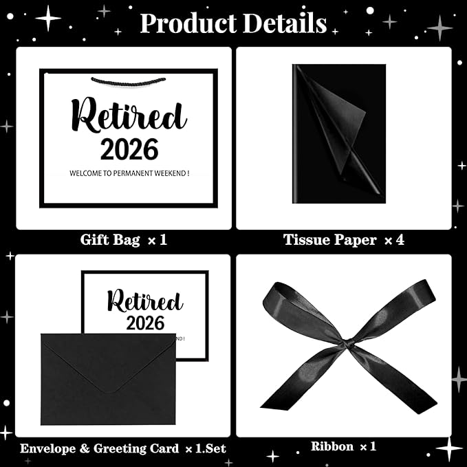 JWSCYSY Large White and Metallic Black Retirement Gift Bag with Tissue Paper, Retired 2026 Gift Bag with Greeting Card for Men Women Retirement Party Decorations Supplies