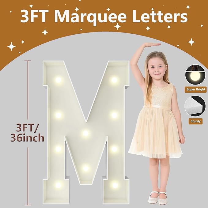 3FT Marquee Light Up Letters, Large Marquee Letters, Pre-cut Foam Board Letter M for Engagement Wedding Decorations Birthday Party Backdrop Decor, Balloon Arch Kit