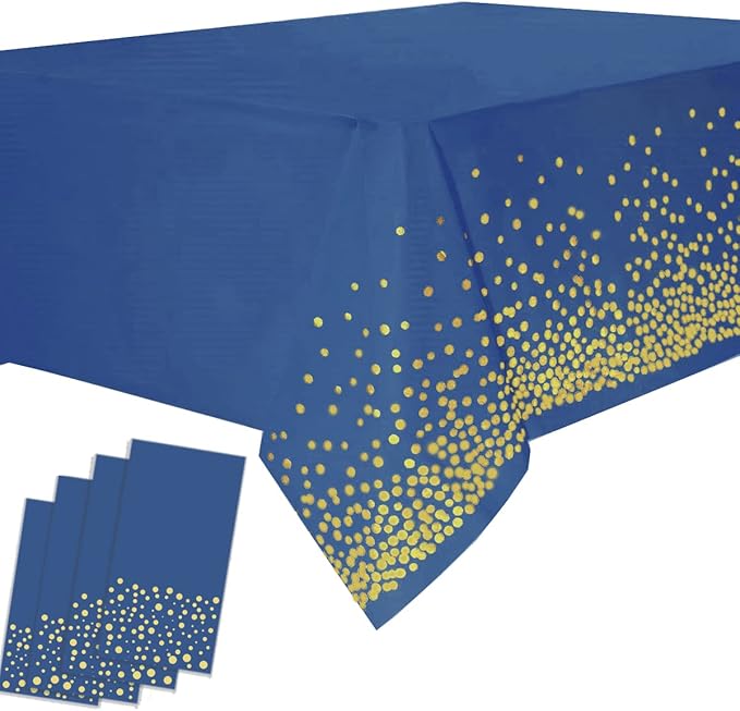 Yancorp 4 Pack Plastic Tablecloth Disposable Navy Blue Gold Tablecloth for Rectangle Tables 54" x 108" Party Decorations Birthday Thanksgiving Christmas Wedding Outdoor BBQ Picnic
