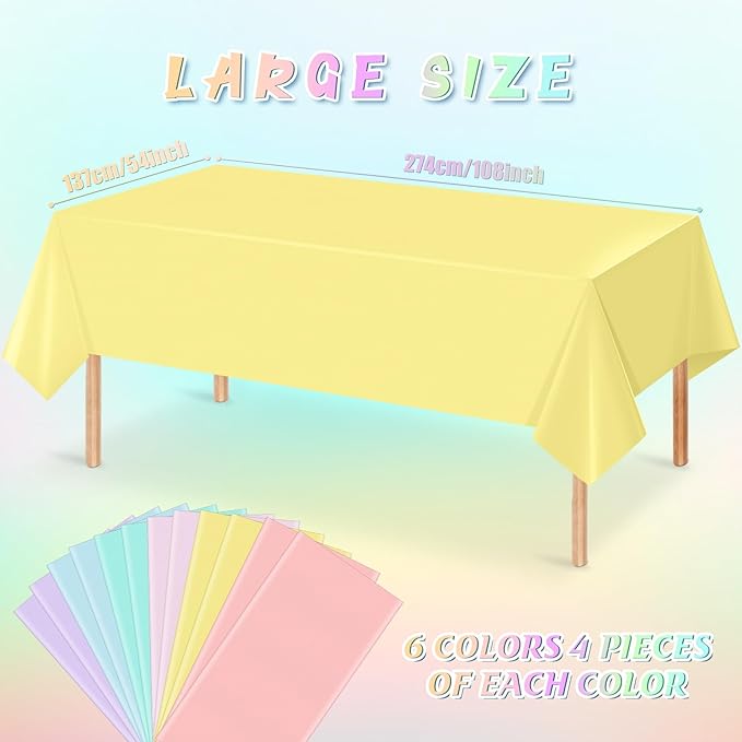 24Pcs Pastel Tablecloths, Rainbow Mix Color Plastic Tablecloth Disposable Rectangle Table Covers for Baby Shower,Bridal,Wedding, Easter,Birthday and Ice Cream Party Decoration, 54 x 108 Inch